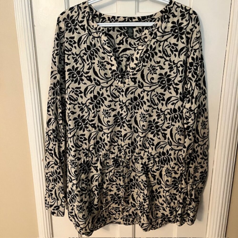 LAUREN RALPH LAUREN TAN & BLACK FLORAL COTTON TUNIC, DRAWSTRING WAIST, XL